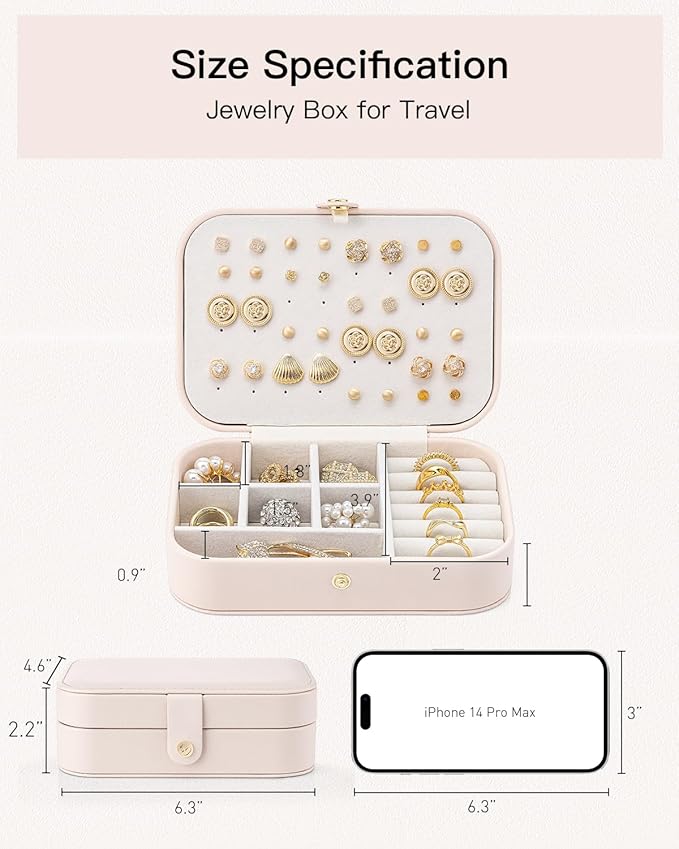 Vlando Travel Jewelry Case, PU Leather Travel Jewelry Box with Earring Holder, Portable Display Small Jewelry Box for Mothers Day Women Girls Gift - Pink