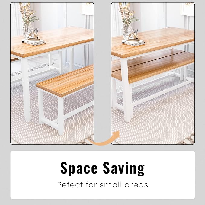 Recaceik Dining Room Table Set with 2 Benches, Kitchen Dining Table Set for 2-4 Person, Space Saving Kitchen Table and Chair Set with Metal Frame for Dining Room, Small Space, Breakfast Nook(Walnut)