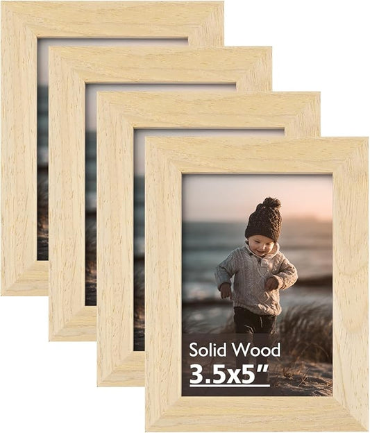 KINLINK 3.5x5 Picture Frame Natural, Solid Wood Frames with Plexiglass for Table Top and Wall Mounting, Photo Frames for Horizontal or Vertical Display, 4 Pack