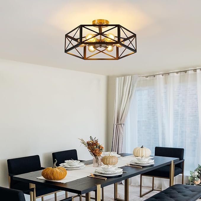 6 Light Semi Flush Mount Ceiling Light, Black Gold Ceiling Light, Industrial Hallway Light Fixtures Ceiling Mount, Modern Metal Hexagon Cage Ceiling Lamp for Kitchen, Bathroom