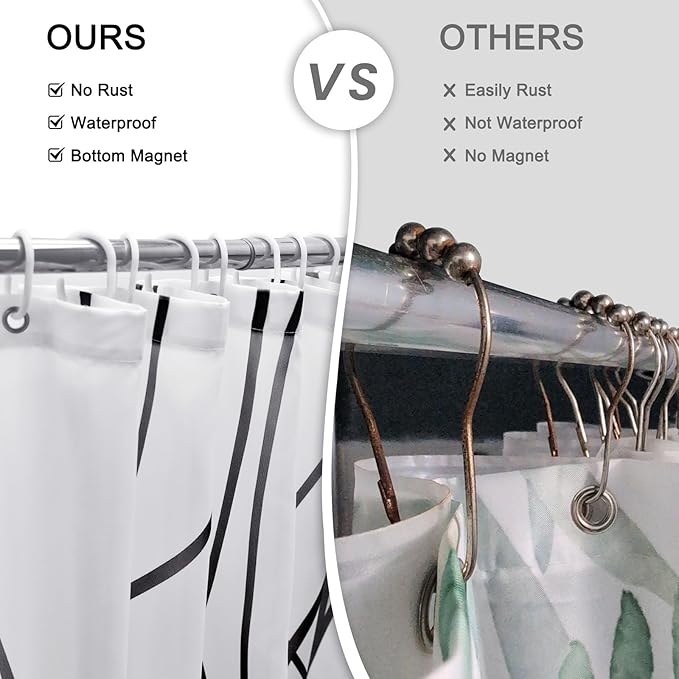 Punkray Black and White Striped Wavy Line Polyester Shower Curtain for Bathroom with Hooks, Extra Long Shower Curtains 96 Inches Long, Weighted Hem, Waterproof Bath Accessories