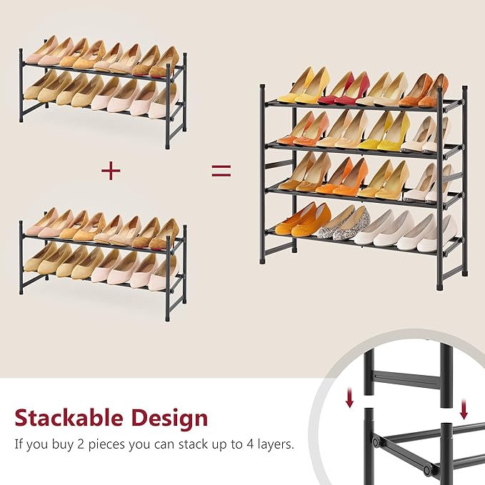 Tajsoon Expandable Shoe Rack for Closet 2 Tier, 28“-41“ Adjustable & Stackable Shoe Shelf Storage, Metal Shoe Rack Organizer for Front Door Entrance, Closet, Garage, Entryway, Black