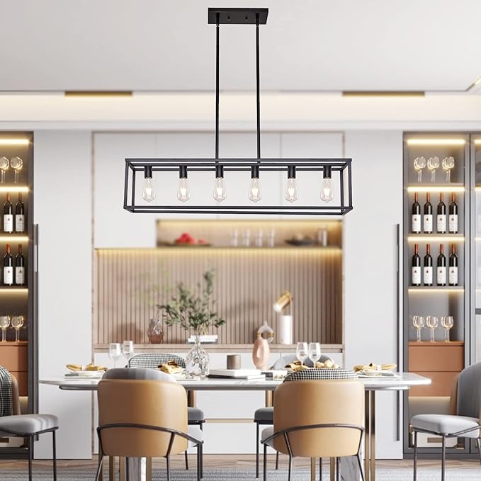 Farmhouse Rectangle Chandeliers for Dining Rooms, Kitchen Fixture Lights Pendant Lights Kitchen Island Black 6-Light Industrial Pendant Lighting for Kitchen Island