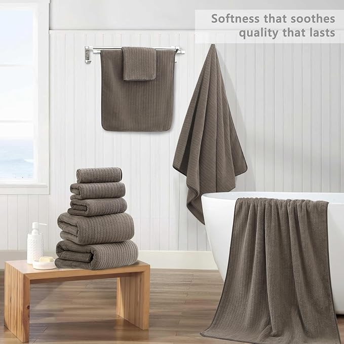 18 Piece Bath Towels Set,Super Soft Family Bathroom Towel Set with Hanging Loops-6 Bath Towels,6 Hand Towels,6 Washcloths,Highly Absorbent Quick Dry Shower Towel for Bathroom,Hotel,Spa-Brown Towel Set