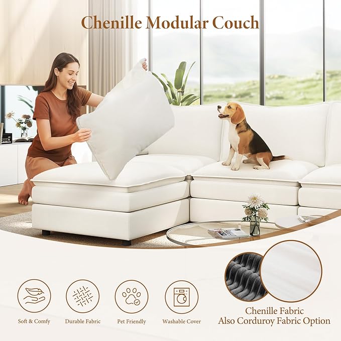 Vesgantti Large Modular Sectional Sofa, Big Comfy Cloud Couch with Ottoman Deep Seat Chenille Cloud Sofa, 8 Seater Large Sectional Couches for Living Room, Bedroom and Apartment, Snow White