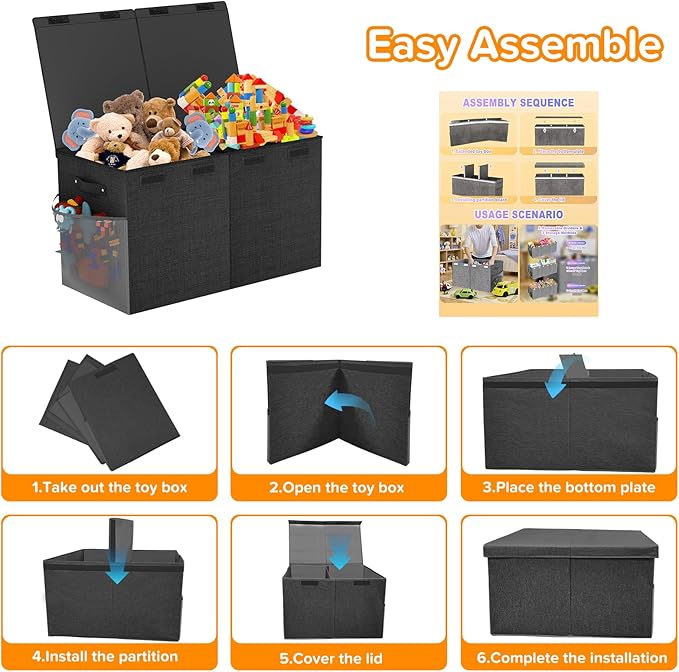 Large Toy Box Chest, Collapsible Sturdy Toy Storage Organizer Boxes Bins Baskets Dinosaur Kids Toy Chest Bin with Lids for Boys Girls Living Room Playroom Bedroom Nursery 25"x14"x16" Black