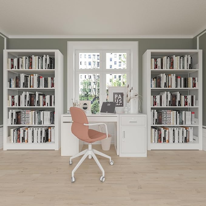 5-Tier Bookshelf, White Bookshelf with Adjustable Storage Shelves, Metal Bookshelf, 69" Tall Bookcase for Living Room, Library, Office, Bedroom, Including Book Stopper，36" Wide Bookshelves