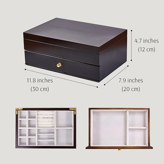 Wooden Jewelry Box with Drawer, Medium Size Real Natural Solid Wood, 2-Layer Vintage Organizer with Earring Storage, Ring Compartments, Necklace Hooks, ek15-m-dark