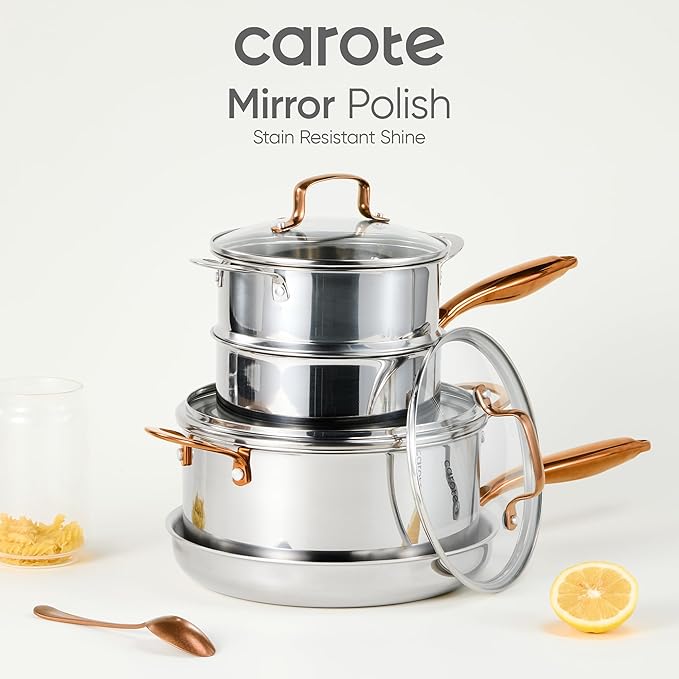 CAROTE 23pcs Tri-Ply Stainless Steel Cookware Set, Pots and Pans Set, Non Stick Induction Kitchen Cooking Sets, Nonstick Cookware Collection, Mirror Polish, Silver