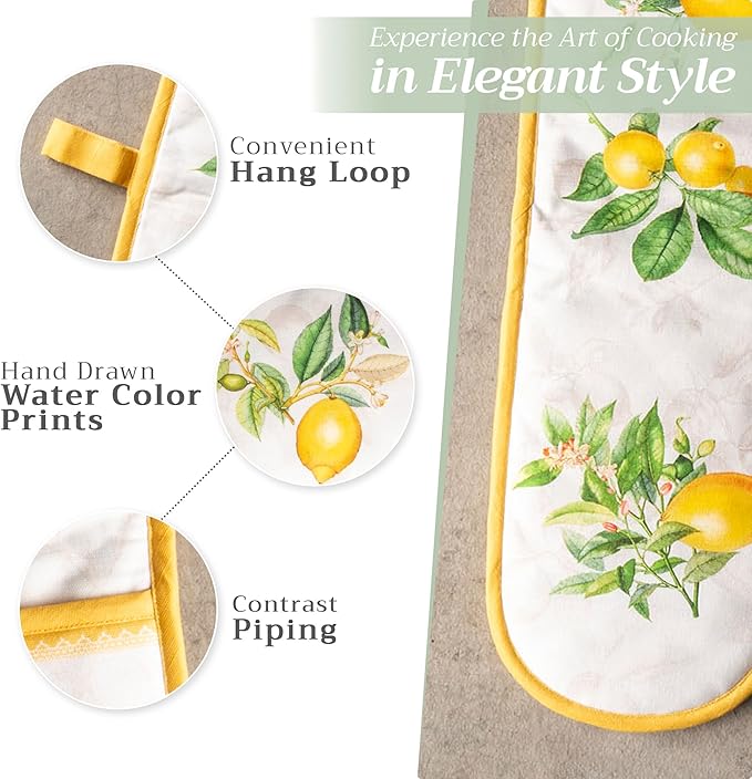 Maison d' Hermine Double Oven Mitts 100% Cotton 7"x35" Double Oven Mitt Heat Resistant BBQ Cooking Gloves with Loop, Baking, Grilling, Home, Kitchen, Handling Hot Pans Spring Summer (Limoncello)