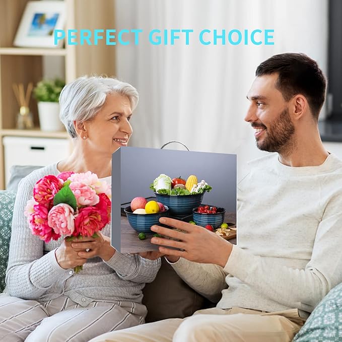 Hasense Ceramic Mixing Bowls Set for Kitchen, Handmade Serving Dishes for Entertaining, 2.1/1.0/0.5 Qt Deep Microwave Safe Nesting Bowls for Storage and Baking, Blue