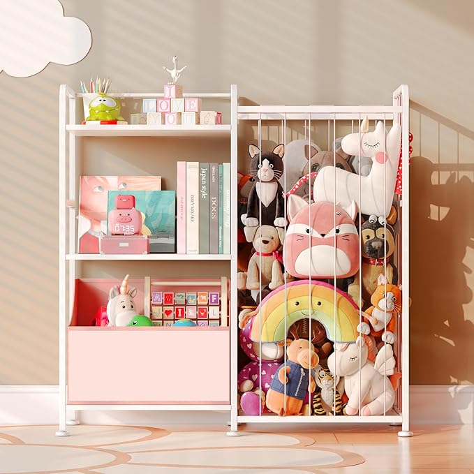 BBLIKE Stuffed Animal Storage - Stuffed Animal Net with Kids Bookshelf and Toy Organizer, 2-Tier White Bookshelf with Stuffed Animal Holder and Fabric Toy Chest for Kids Room, Playroom, Nursery, Pink