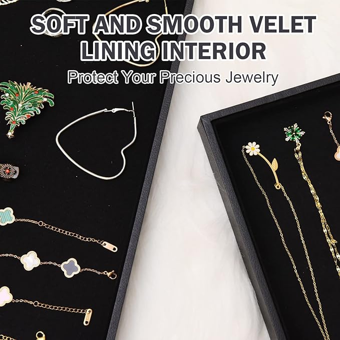 Black Velvet Stackable Jewelry Tray Showcase Display Stackable Necklace Bracelet Ring Showcase Display Empty Plate (2 Pack)