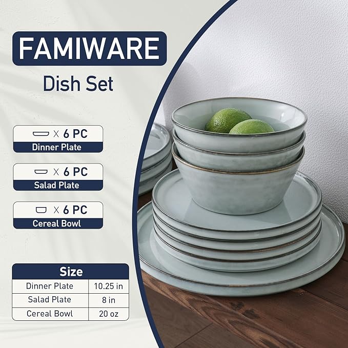 Famiware Annecy Dinner Plates and Bowls Sets, Stoneware Dinnerware Sets, Dishes Set for 6, 18 Pieces Handmade Dishware Set - Microwave & Dishwasher Safe, Double Reactive Glaze Tableware, Grey-Blue