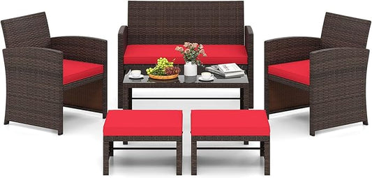 Tangkula 6 Pieces Patio Furniture Set, Outdoor Sectional Conversation PE Rattan Sofa Set with 1 Loveseat, 1 Coffee Table, 2 Armchairs and 2 Ottomans for Garden, Deck, Backyard and Poolside (Red)
