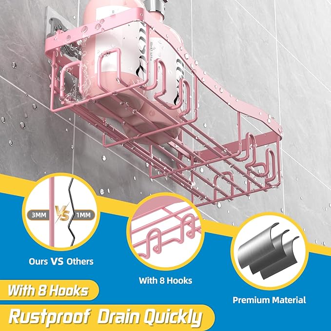 Adhesive Shower Caddy, No Drilling Bath Organizers 5 Pack, Rustproof Shelves with Soap Holder & Toothbrush Holder, Pink Bathroom Accessories Decor Set