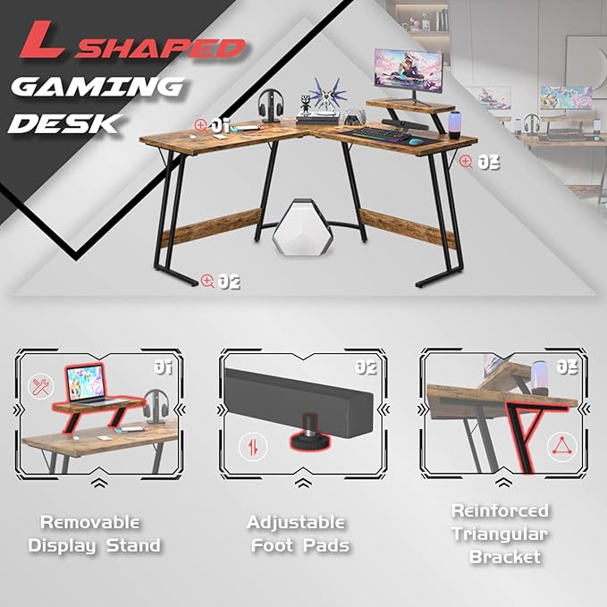 Homall L Shaped Gaming Desk Computer Corner Desk PC Gaming Desk Table with Large Monitor Riser Stand for Home Office Sturdy Writing Workstation (Classical Brown, 51 Inch)