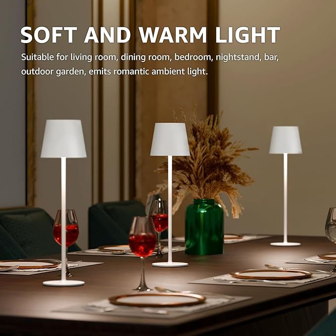 uuffoo 3 Pack Rechargeable Table Lamp Battery Operated Cordless Table Lamps with 3 Colors Stepless Dimming, Desk Night Light for Restaurant, Patio, Bedroom, Bar (White)