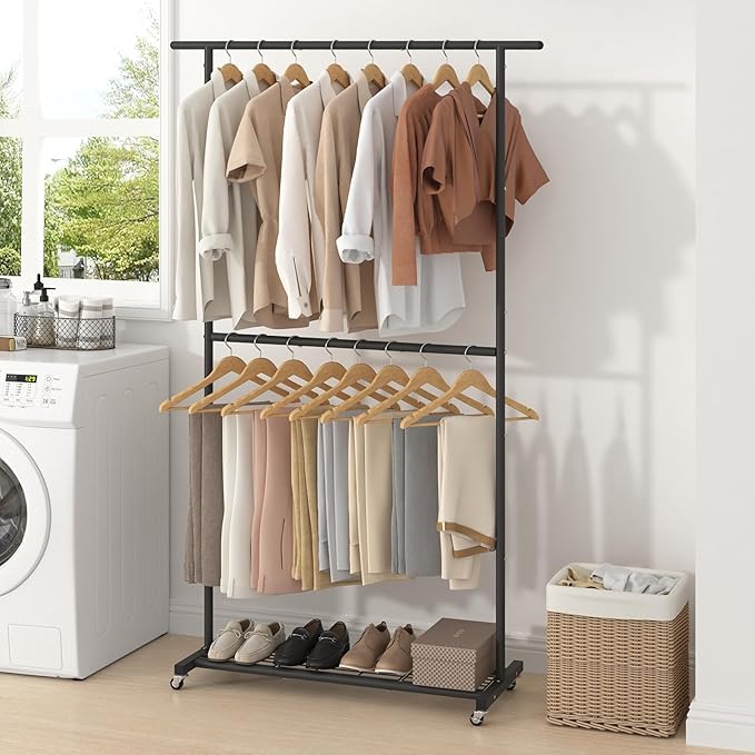 Sywhitta Double Rod Clothing Garment Rack, Rolling Coat Hanger with Bottom Mesh, Clothing Rack for Hanging Clothes, Coats, Skirts, Sweaters, Black