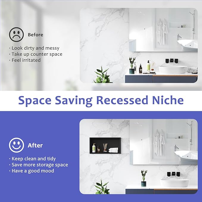 Shower Niche, 24" X 12"(Inner Size 22.6"X11") No Tile Needed Bathroom Niche for Shower Wall, Black Stainless Steel Shower Niche Insert for Bathroom, Recessed Wall Niche Shelf