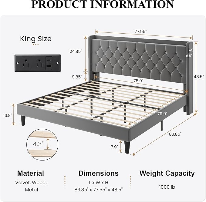 SHA CERLIN King Size Platform Bed Frame with Charging Station, Velvet Wingback Headboard with Storage Shelf, Wooden Slats Support, Ample Under-Bed Space, No Box Spring Needed, Easy Assembly, Grey