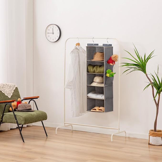 Hanging Closet Organizer, 5-Shelf Closet Hanging Storage Shelves, Grey