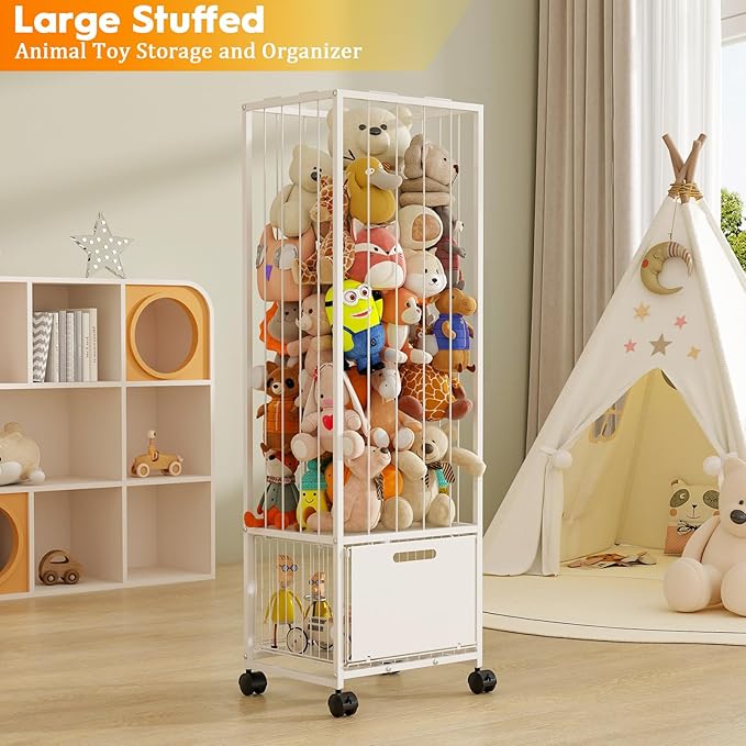 Bukfen Metal Stuffed Animal Storage Zoo Extra Large Stuffed Animal Holder Space Save Toy Organizer PVC with Basket and Wheels for Nursery Playroom Bedroom,D15.75 x W12.68 x H51.18 inch,White