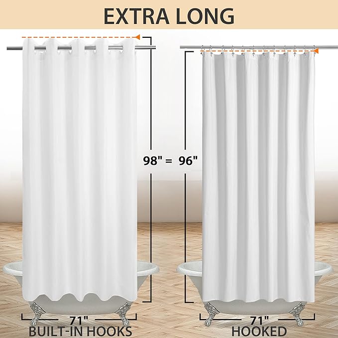 Extra Long No Hook Shower Curtain or Liner Soft Microfiber - 96" Length Fabric Shower Curtain Liner Set, Machine Washable & Water Repellent, White, 71x98