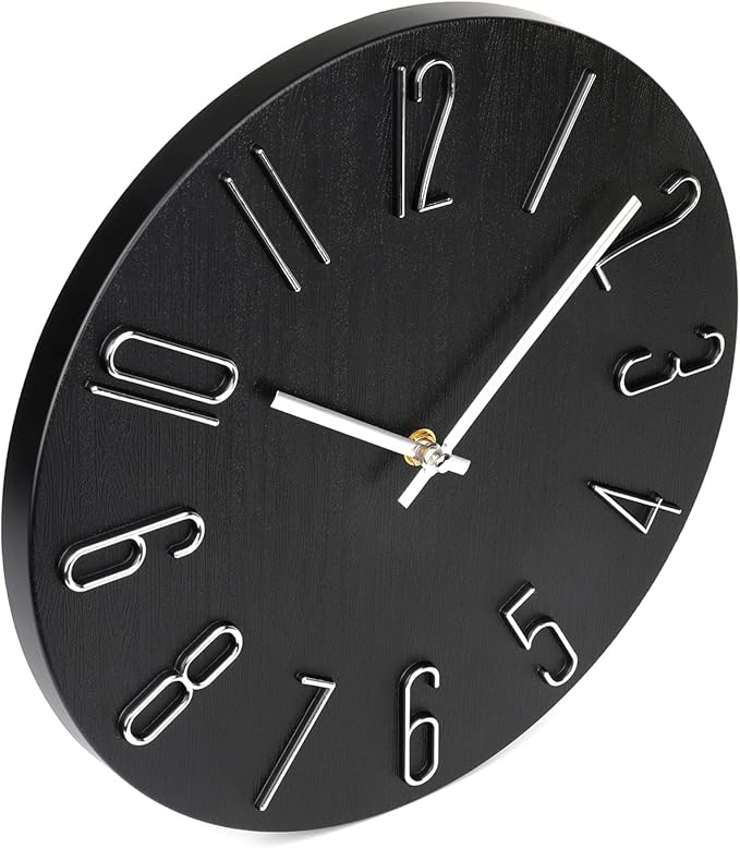 jomparis Wall Clock 12" Silent Non-Ticking Modern Style Wooden Wall Clocks Decorative for Office Home Bedroom School (Black)