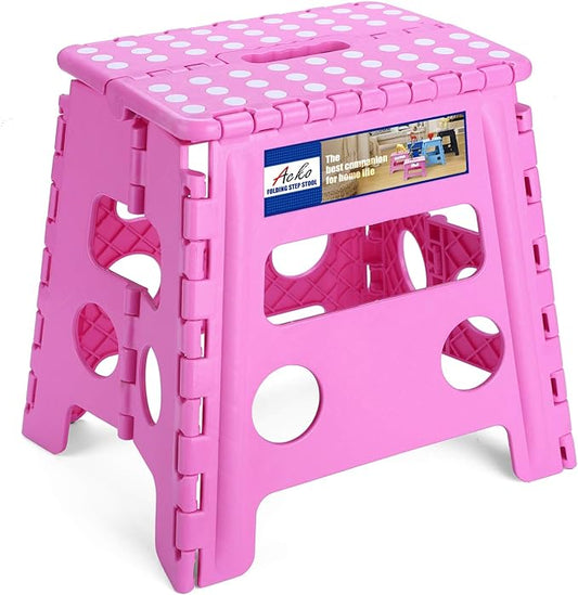 ACKO Folding Step Stool - 13 inch Height Premium Heavy Duty Foldable Stool for Kids and Adults, Kitchen Garden Bathroom Stepping Stool (Pink)