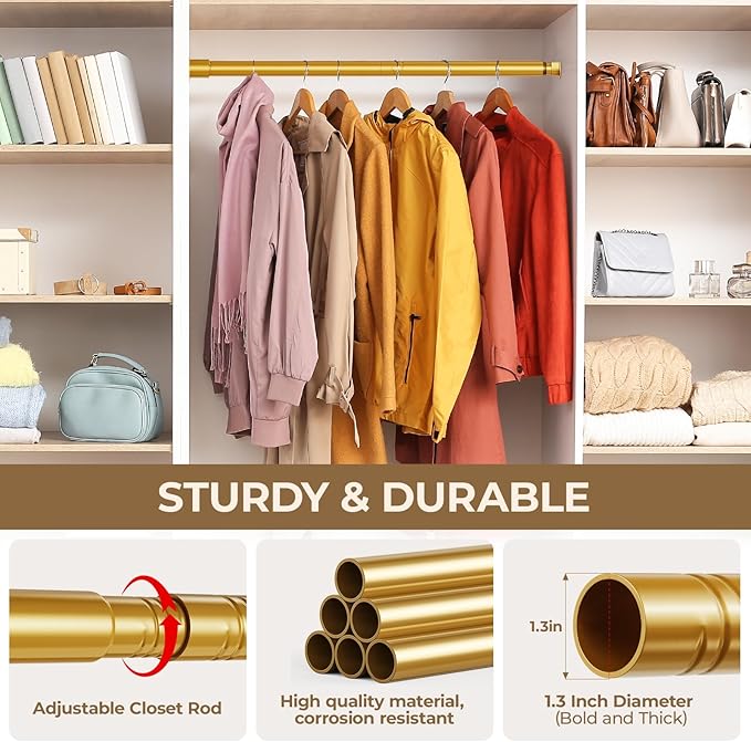 Mavivegue Closet Rod, 17 to 43 Inch Gold Adjustable Closet Rods for Hanging Clothes, Hanging Rod for Closet Wardrobes Laundry RV, Bathroom
