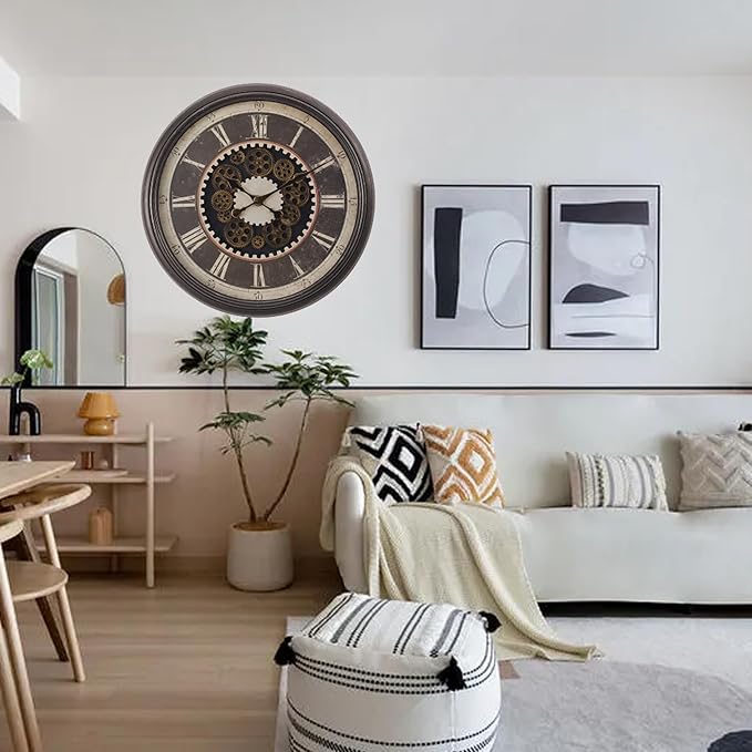 23 Inch Dark Brown Steampunk Wall Clock with Decorative Gears, Industrial Vintage Analog Clock for Living Room, Farmhouse, Office Decor, Silent Non-Ticking Battery Operated