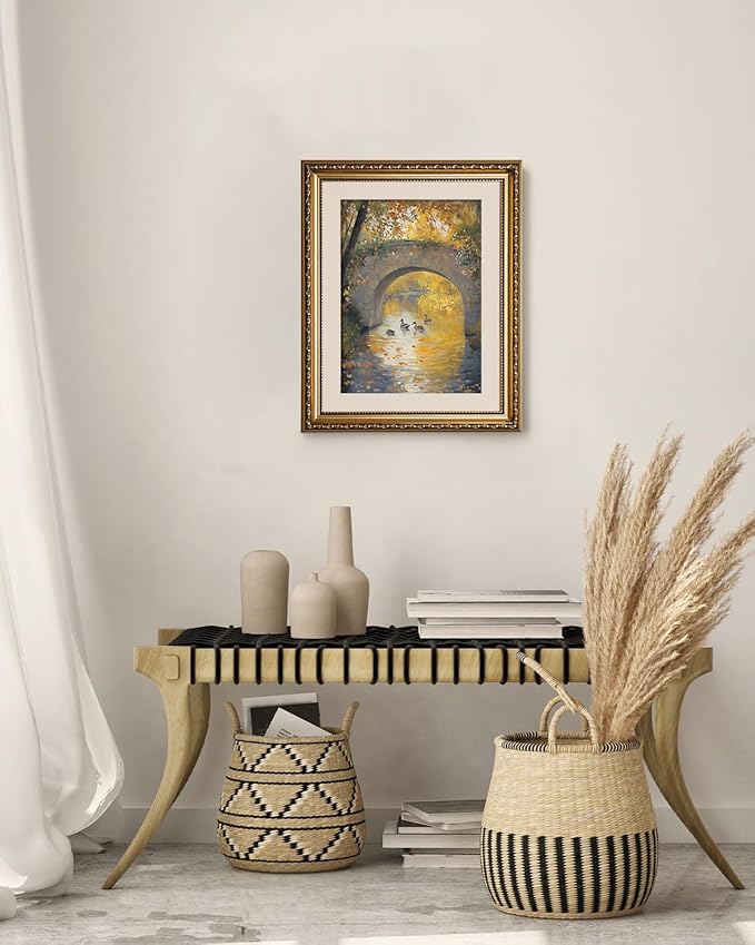 VIYYIEA Gold Framed Wall Art, Stone Bridge Canvas Print Home Decor Vintage Art Painting Picture Bathroom Wall Decor, Landscape Artwork for Living Room Bedroom Kitchen Office - 16L x 13W