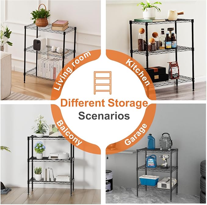 Sweetcrispy 3 Tier Metal Storage Shelving Shelf, Adjustable Metal Wire Racks Heavy Duty Standing Shelf Organizer for Kitchen and Closet, 13.8" D x 23.6" W x 30" H, Black