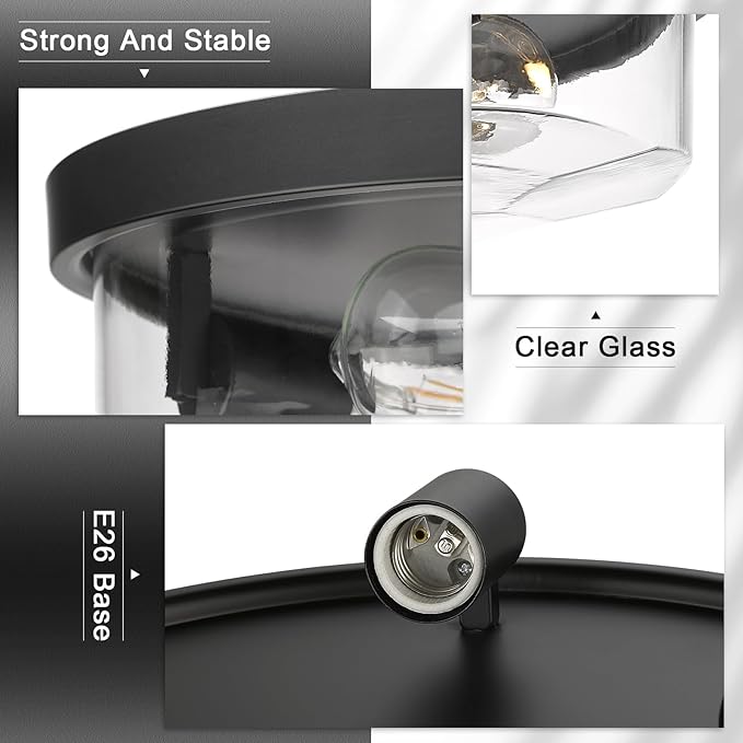 Flush Mount Ceiling Light with Clear Glass Shade, 3-Light Indoor Outdoor Farmhouse Lighting Flush Mount Lights for Kitchen Bedroom Porch Living Dining Room (Black)