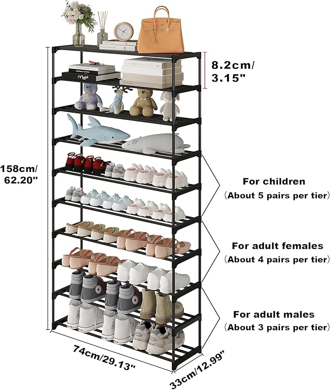 Calmootey 10-Tier Shoe Rack, Tall Large Capacity 50 Pairs Shoes Storage Organizer, Stackable Wide Shoe Shelf for Entryway, Hallway, Black