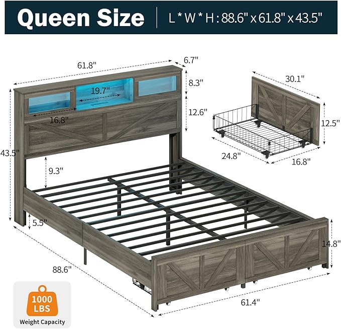 Yoobure Farmhouse Queen Bed Frame with Headboard - Bed Frame Queen Size with Charging Station & LED Lights, Wood Bedframe Queen-Size with 2 Storage Drawer, Platform Beds, No Box Spring Needed, Grey