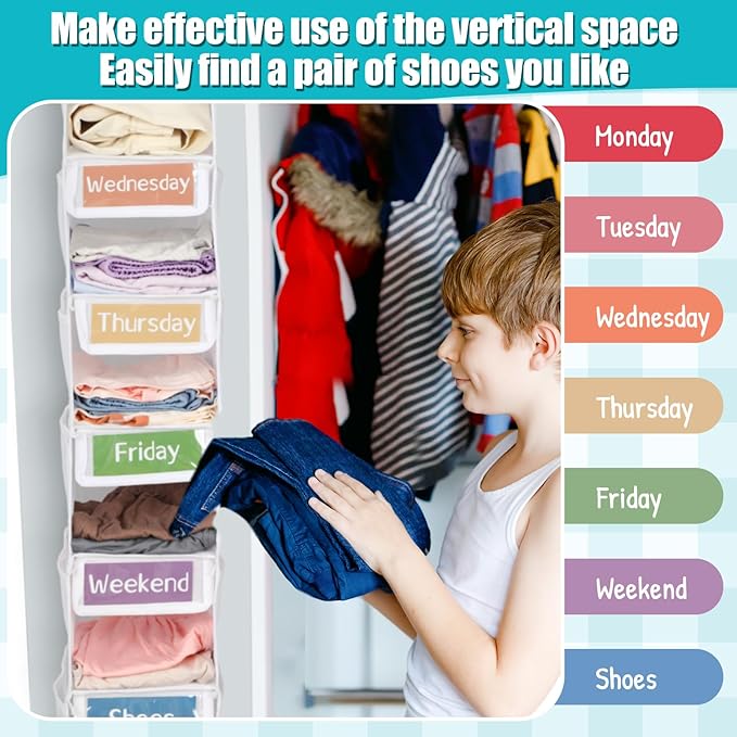 2 Pack 7 Shelf Weekly Clothes Organizer Hanging Closet for Kids with Side Pockets Weekday Shoes Rack Weekly Clothes Organizers Monday Through Weekend Foldable Storage Shelves(White)