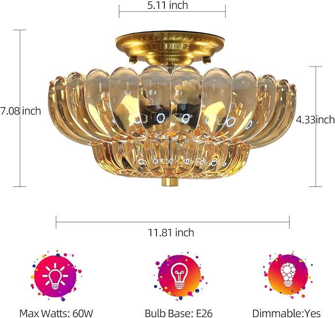 Gold Semi Flush Mount Ceiling LightAmber Glass Chandeliers Modern Light Fixture Kitchen Lights Ceiling Suitable for Hallway Living Room Kitchen Bedroom (Bulb Not Included)
