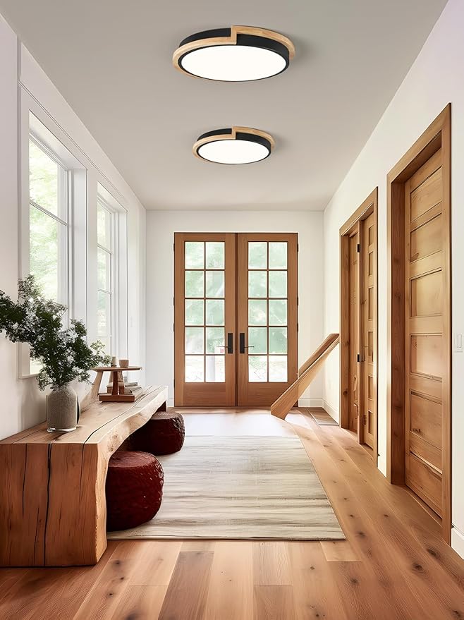 Modern LED Close to Ceiling Light, Round Shape Flush Mount Ceiling Light Fixture, Matte Black with Wood Accent, Minimalist Kitchen Lighting for Bedroom, Entryway, Laundry Room, Hallway 11.8in