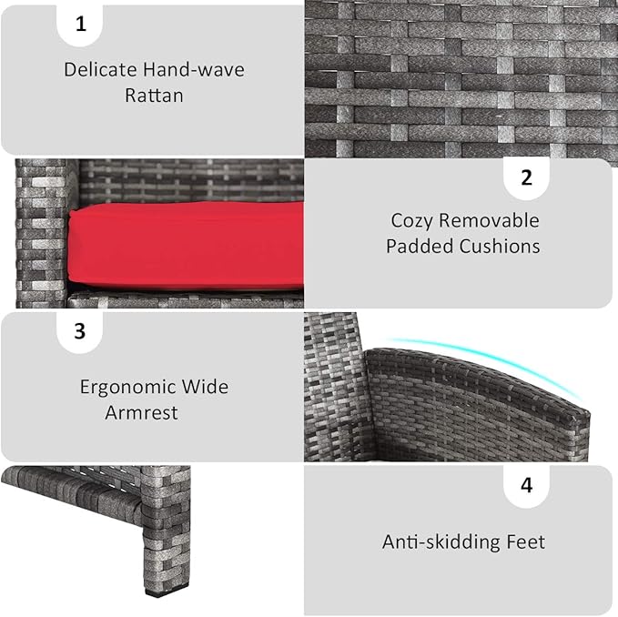 Tangkula 4 PCS Wicker Patio Conversation Set, Outdoor Rattan Sofas with Table Set, Patio Furniture Set with Soft Cushions & Tempered Glass Coffee Table for Poolside Balcony