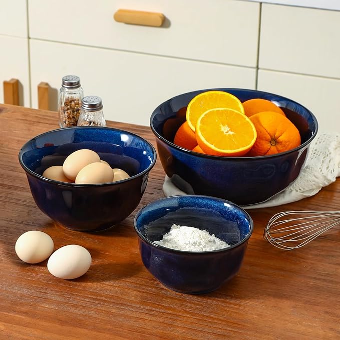 vicrays Ceramic Mixing Serving Bowl Set: Nesting Stoneware Kitchen Decorative Large Bowls for Prepping, Baking – Microwave Oven Dishwasher Safe – 9/7/5.7 inch, Set of 3 (Blue)
