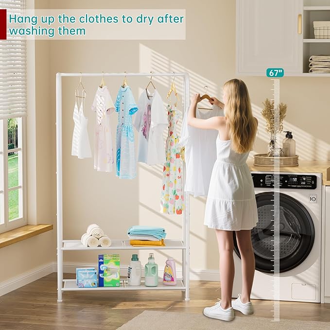 SINGAYE Clothing Racks Portable for Hanging Clothes Garment Rack Heavy Duty Clothes Rack Storage Coat Hanger Stand Portable Closet to Hang with Shelves Wardrobe Standing Organizer Drying White