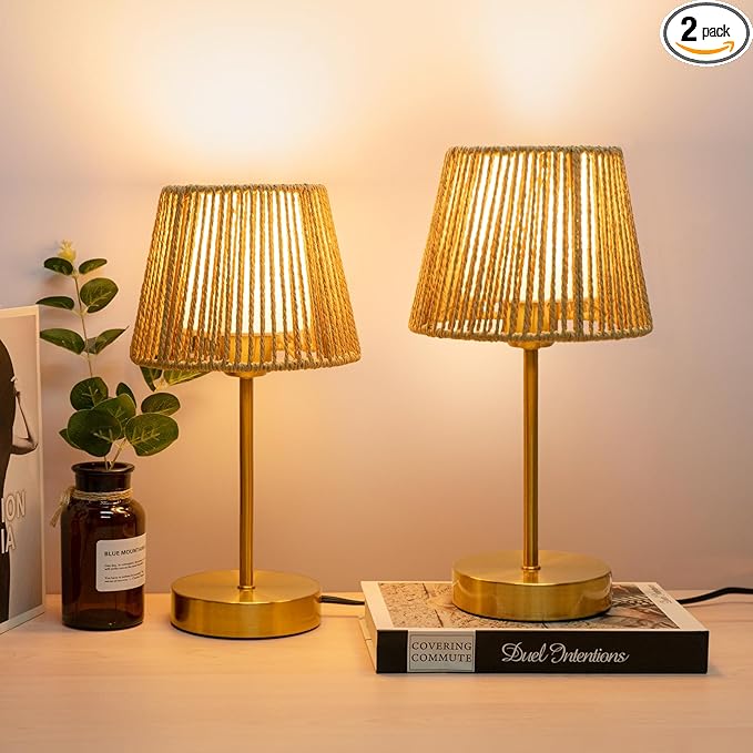 ONEWISH Touch Bedside Table Lamps Set of 2, 14.2" Boho Lamp 3 Way Dimmable, Rope lamp for Bedroom Nightstand Farmhouse, LED Bulb Included(Gold)