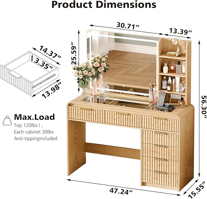 47“Makeup Vanity Desk with Mirror and Lights, Vanity Desk with 7 Drawers & Storage Shelves, Vanity Table with Power Outlet, 3 Color Modes & Adjustable Brightness Dressing Table, Bedroom,Wood