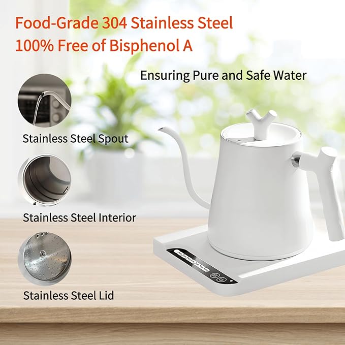 Gooseneck Electric Kettle Temperature Control & Keep Warm, 7 TEMP Control Electric Kettles for Boiling Water,Quickly Heating Kettle Electric Stainless Steel for Coffee & Tea, 800W/1L