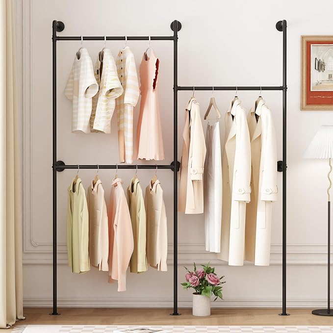 Industrial Pipe Clothing Rack Wall Mount, Black Pipe Clothes Rack with 3 Hanging Rods, Heavy Duty Pipe Clothing Rack for Laundry Room, Closet Systems for Walk in Closets
