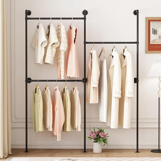 Industrial Pipe Clothing Rack Wall Mount, Black Pipe Clothes Rack with 3 Hanging Rods, Heavy Duty Pipe Clothing Rack for Laundry Room, Closet Systems for Walk in Closets