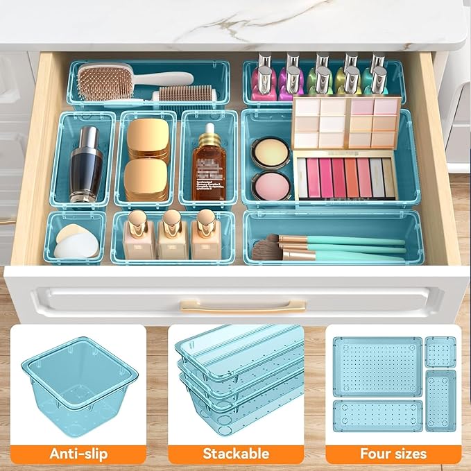 WOWBOX 44 PCS Clear Plastic Drawer Organizer Set, 6 Varied Size storage Bins and Desk Drawer Organizer Trays for Makeup, Gadgets, Jewelry and Utensils in Bathroom, Bedroom and Office, Clear Sea Blue
