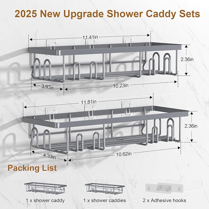 2025 New Adhesive Shower Caddy, Shower Shelves with 16 Hooks, Grey 2 Pack